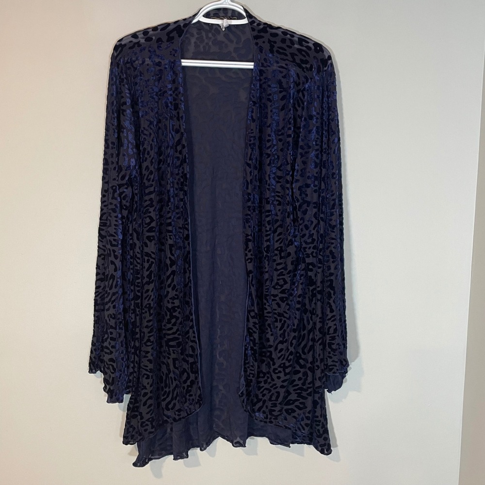 Lucky & Blessed Blue Burnout Velvet Leopard Open Front Cardigan L Flare Sleeve